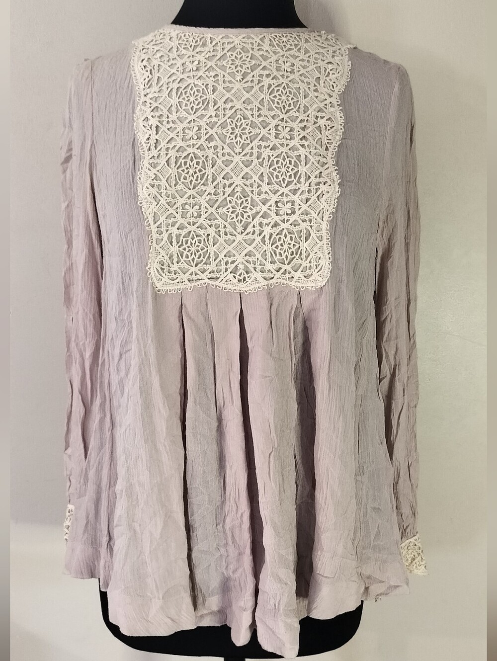 Free People Lavender Crinkle Gauze Tunic with Cream Lace Yoke